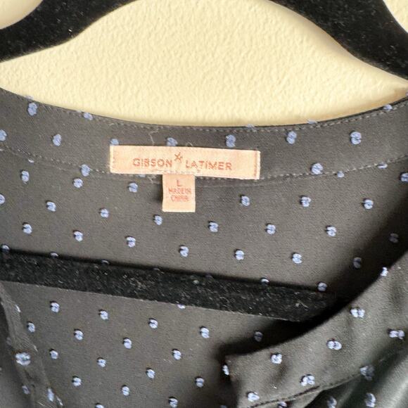 Gibson Latimer Black + Blue Polka Dot Ruffle Sleeve V Neck Blouse Shirt - Larg - Picture 3 of 5